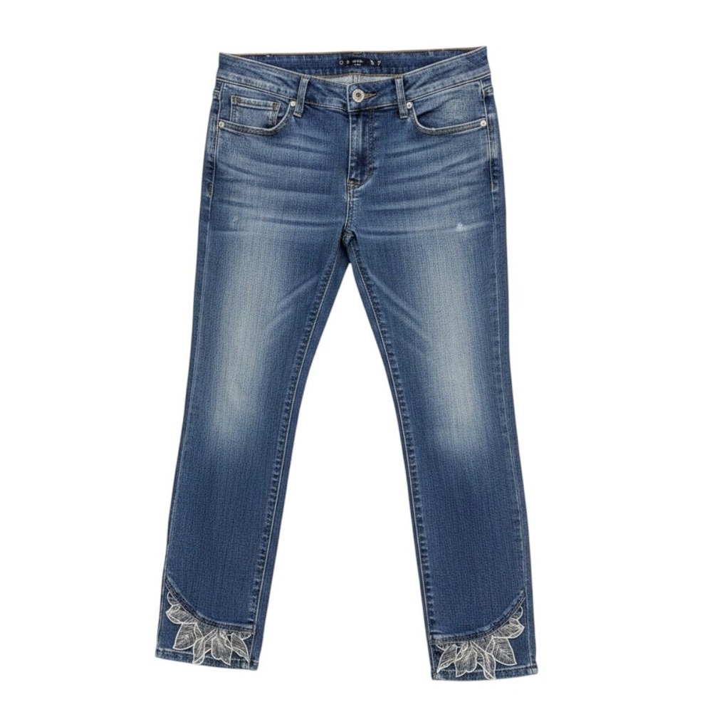 White House Black Market Skinny Crop Jeans 2 Blue‎ Embroidered Scallop Hem Denim